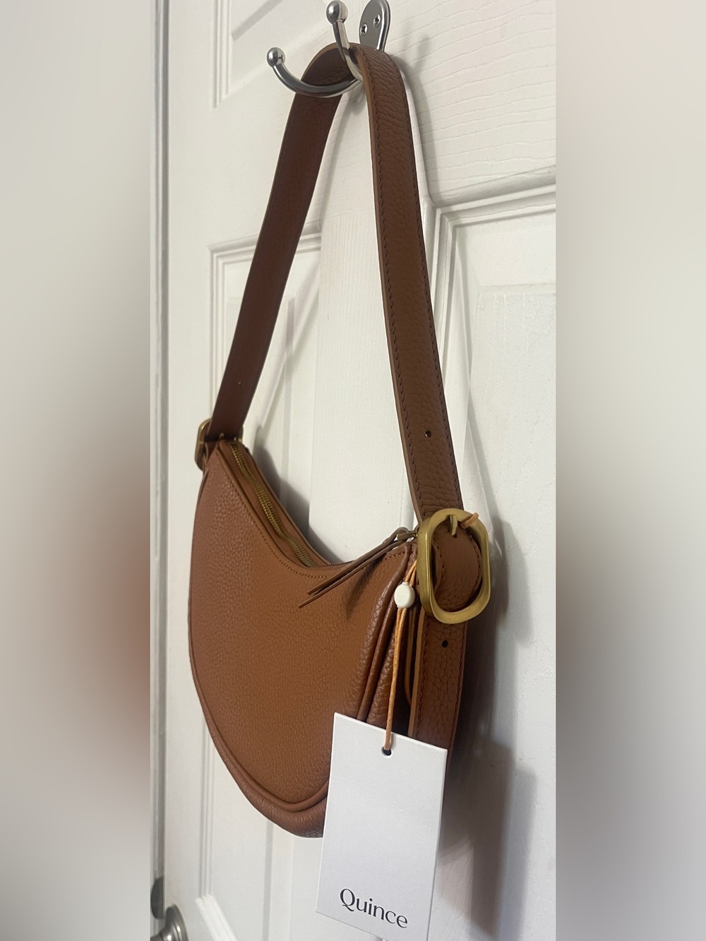 Quince Italian Leather Mini Crescent Shoulder Bag Brown Cognac Dustbag NWT - Picture 11 of 14